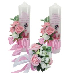 Set 2 lumanari cununie + un buchet mireasa, cu flori roz si albe - ILIF210037
