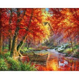 Set pictura pe numere, cu sasiu, Peisaj de toamna cu barca, 40x50 cm