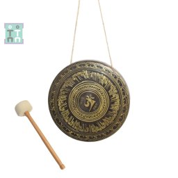 Gong Templu Tibetan din Bronz - 7 Metale - cu Bat - 20-22 x 20-22 x 3 cm