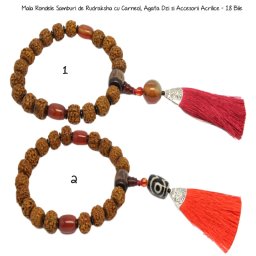 Mala Rondele Samburi de Rudraksha cu Carneol, Agata Dzi si Accesorii Acrilice - 18 Bile - 11-13 x 16-17 mm