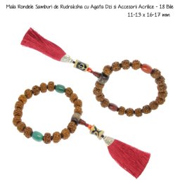 Mala Rondele Samburi de Rudraksha cu Agata Dzi si Accesorii Acrilice - 18 Bile - 11-13 x 16-17 mm