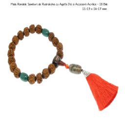 Mala Rondele Samburi de Rudraksha cu Agata Dzi si Accesorii Acrilice - 18 Bile - 11-13 x 16-17 mm