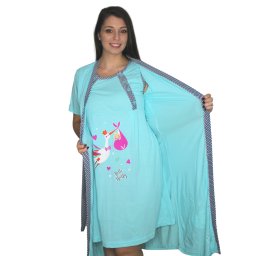 Compleu maternitate, Camasa alaptat + Halat gravide, Hello Baby, Turquoise, maneca scurta