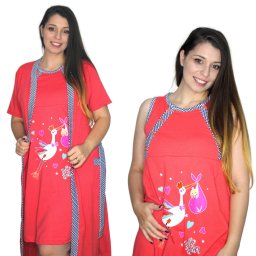 Compleu maternitate, Camasa alaptat + Halat gravide, Hello Baby, Red, maneca scurta