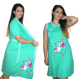 Compleu maternitate, Camasa alaptat + Halat gravide, Hello Baby, Green, maneca scurta