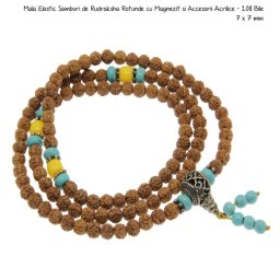 Mala Elastic Samburi de Rudraksha Rotunde cu Magnezit si Accesorii Acrilice - 108 Bile - 7 x 7 mm