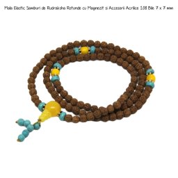 Mala Elastic Samburi de Rudraksha Rotunde cu Magnezit si Accesorii Acrilice - 108 Bile - 7 x 7 mm