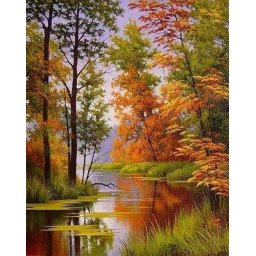 Set goblen cu diamante, cu sasiu, Lac toamna, 40x50 cm