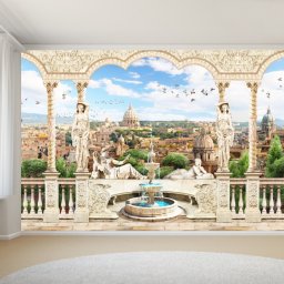 Fototapet 3D Coloane cu Statuete si Vedere Catre Orasul Roma MDP136 (Alege materialul: : Tapet Hartie Semilucios + Adeziv)