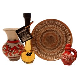 CADOU TRADITIONAL SET SUVENIR MINIATURI DIN ROMANIA CERAMICA HOREZU-CORUND SI PALINCA PREMIUM (CAD062)