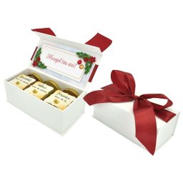 Cadou dulce, cutie cu 3 borcanele de miere, inchidere magnetica si mesaj personalizabil, tematica Craciun - DSBC211022