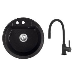 Set Chiuveta Ferro Mezzo II Rotunda cu o cuva Ø 51 cm, grafit si Baterie Ferro Zumba Nero - baterie stativa bucatarie cu pipa flexibila