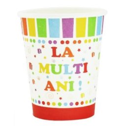 Set pahare carton La multi ani, multicolor, 12 buc
