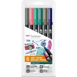 Marker caligrafic 2 in 1, ABT Dual Brush Pen, Vintage Colours, 6 culori/set Tombow