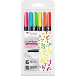 Markere caligrafice Fudenosuke Hard, 6 culori/set, Tombow
