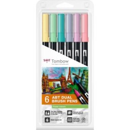 Marker caligrafic 2 in 1, ABT Dual Brush Pen, Pastel Colours, 6 culori/set Tombow