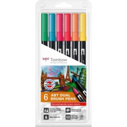 Marker caligrafic 2 in 1, ABT Dual Brush Pen, Derma Colours, 6 culori/set Tombow
