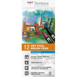 Marker caligrafic 2 in 1, ABT Dual Brush Pen, Primary Colours, 12 culori/set Tombow