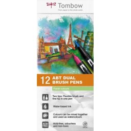 Marker caligrafic 2 in 1, ABT Dual Brush Pen, Pastel Colours, 12 culori/set Tombow