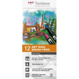 Marker caligrafic 2 in 1, ABT Dual Brush Pen, Grey Colours, 12 culori/set Tombow
