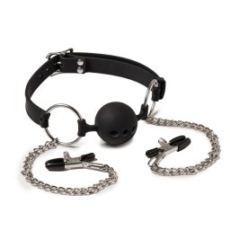 Rimba Latex Play Mouthgag with Ball and Nipple Clamps Black