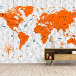 Fototapet Modern Harta Lumii in Nuante Orange NVV51 (Alege materialul: : Autocolant Perete Laminat Lucios)