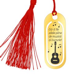 Martisor Semn de Carte Inox Oval Auriu Muzica Chitara Acustica