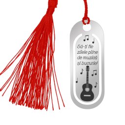 Martisor Semn de Carte Inox Oval Argintiu Muzica Chitara Acustica