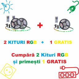 Pachet PROMO - Kit BANDA LED 12V RGB 10W/M IP65 54LED/M 5050 CU TELECOMANDA+alimentator - 3buc