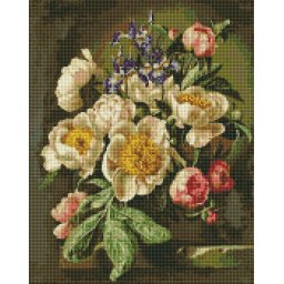 Set goblen cu diamante, cu sasiu, Buchet de bujori si irisi - Gerald Cooper, 40x50 cm