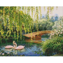 Set goblen cu diamante, cu sasiu, Lebede pe lac - Sergey Lobach, 40x50 cm
