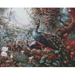 Set goblen cu diamante, cu sasiu, Pauni de poveste - Sergey Lobach, 40x50 cm