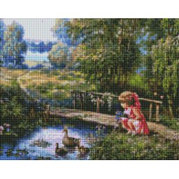 Set goblen cu diamante, cu sasiu, Fetita la plimbare - Sergey Lobach, 40x50 cm