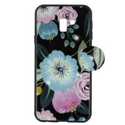 Husa Just Must Carcasa Glass Diamond Print Samsung Galaxy J6 Plus Flowers Black Background (spate din sticla cu cristale, interior si margini cauciucate negre)