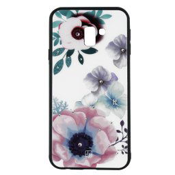 Husa Just Must Carcasa Glass Diamond Print Samsung Galaxy J6 Plus Flowers White Backgound (spate din sticla cu cristale, interior si margini cauciucate negre)
