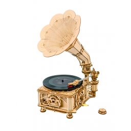 Puzzle 3D, lemn, cutiuta muzicala, Gramofon clasic cu manivela, 424 piese