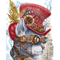 Set goblen cu diamante, cu sasiu, Pisica suprarealista, 40x50 cm