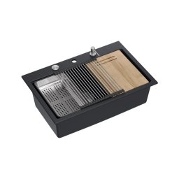 Chiuveta Granit Workstations MARK Quadron cu dozator+scurgator+gratar rulabil+tocator lemn+capac scurgere