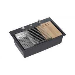Chiuveta Granit Workstations MARK Quadron cu dozator+scurgator+gratar rulabil+tocator lemn+capac scurgere