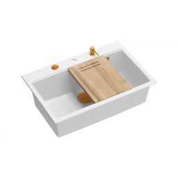 Chiuveta Granit Workstations MARK Quadron cu dozator+tocator lemn+capac scurgere culoare alb polar cupru