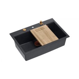 Chiuveta Granit Workstations MARK Quadron cu dozator+tocator lemn+capac scurgere culaore antracit cupru