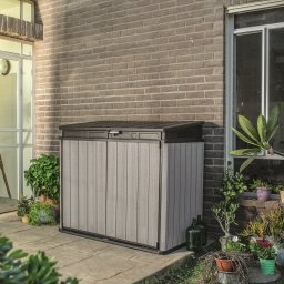 Dulap depozitare exterior, plastic, pentru scule de gradina, gri, 1150 L, Keter Elite, incuietoare, rezistent la intemperii