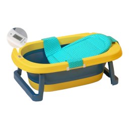 Cadita pliabila CD03 cu suport si termometru, pentru bebelusi, galben cu verde