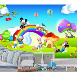 Fototapet Mickey Mouse si Prietenii pe Curcubeu GDM1 (Alege materialul: : Autocolant Perete Laminat Mat)