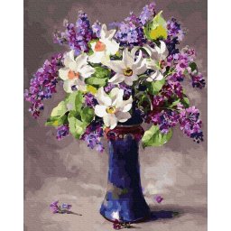 Set pictura pe numere, cu sasiu, Liliac si narcise, 40x50 cm