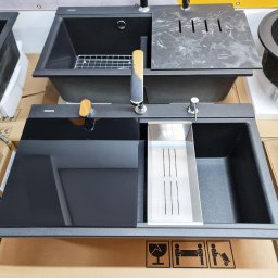 Set complet Chiuveta bucatarie granit dubla cu 2 cuve CookingAid Kinga LX8620 Neagra Black Metal quartz + Baterie telescopica CookingAid Box QS3000 + 2 Tocatoare sticla Temperizata Neagra +Tavita sc