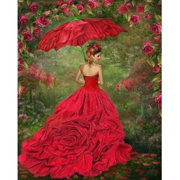 Set goblen cu diamante, fara sasiu, Femeie in rochie rosie, 40x50 cm