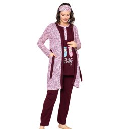 Compleu maternitate, 4 piese, Pijama+ Halat gravide, Baby, Garnet, maneca lunga