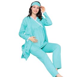 Compleu maternitate, 4 piese, Pijama+ Halat gravide, Cleopatra, Tuquoise, maneca lunga
