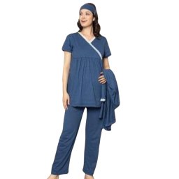 Compleu maternitate, 4 piese, Pijama+ Halat gravide, Cleopatra, Powder Blue, maneca lunga